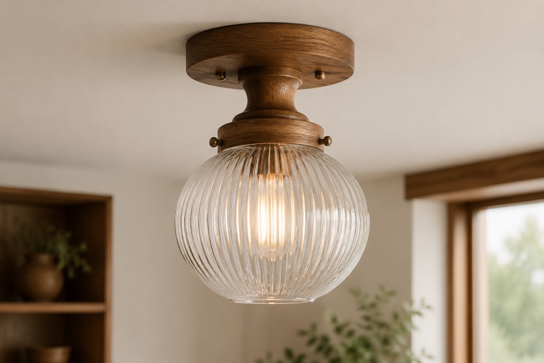 Rustic Elegance: Oak Wood Semi Flush Light with Ribbed Globe